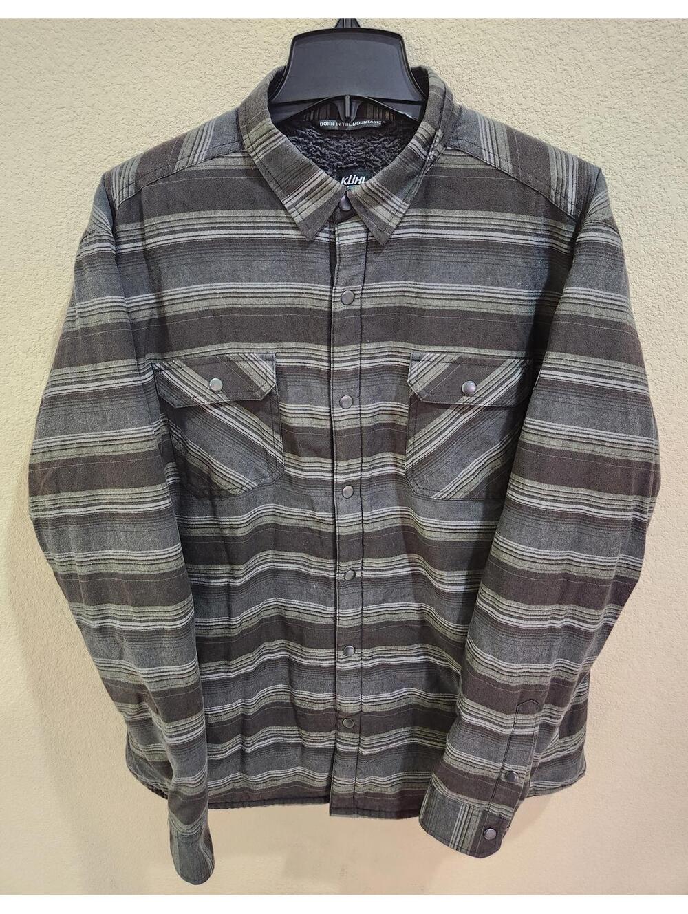 KUHL Joyrydr Sherpa Lined Shirt Jacket Mens Sz XL Black Gray Plaid Flannel Snap